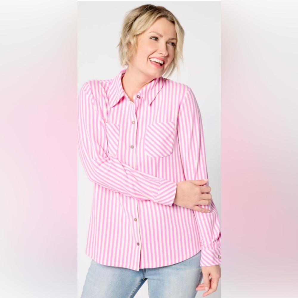 New! Denim & Co Striped Heavenly Jersey Button Front Top 3X
